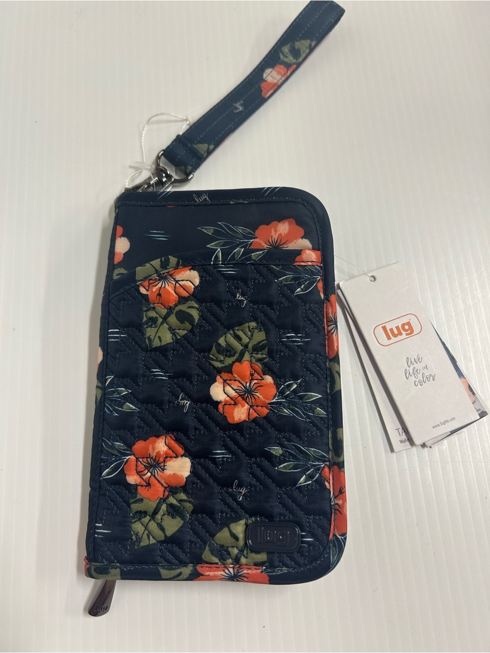NWT Lug Tandem Zip RFID Wallet Wristlet Navy Blue Tropical Floral Pattern